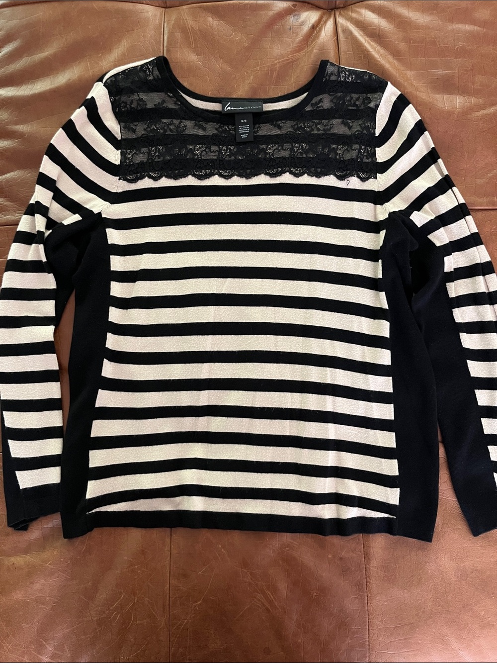 Lane Bryant Black and White Striped Lace Yoke Top